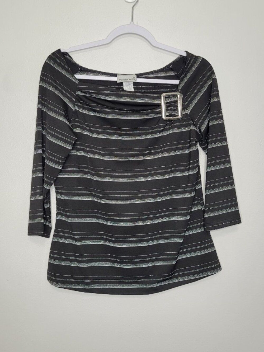 Vintage Fashion Bug black silver striped 3/4 sleeve going out party top large